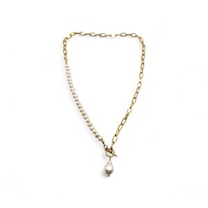 Gold and Pearl Asymmetrical Chain Necklace with Drop Pearl